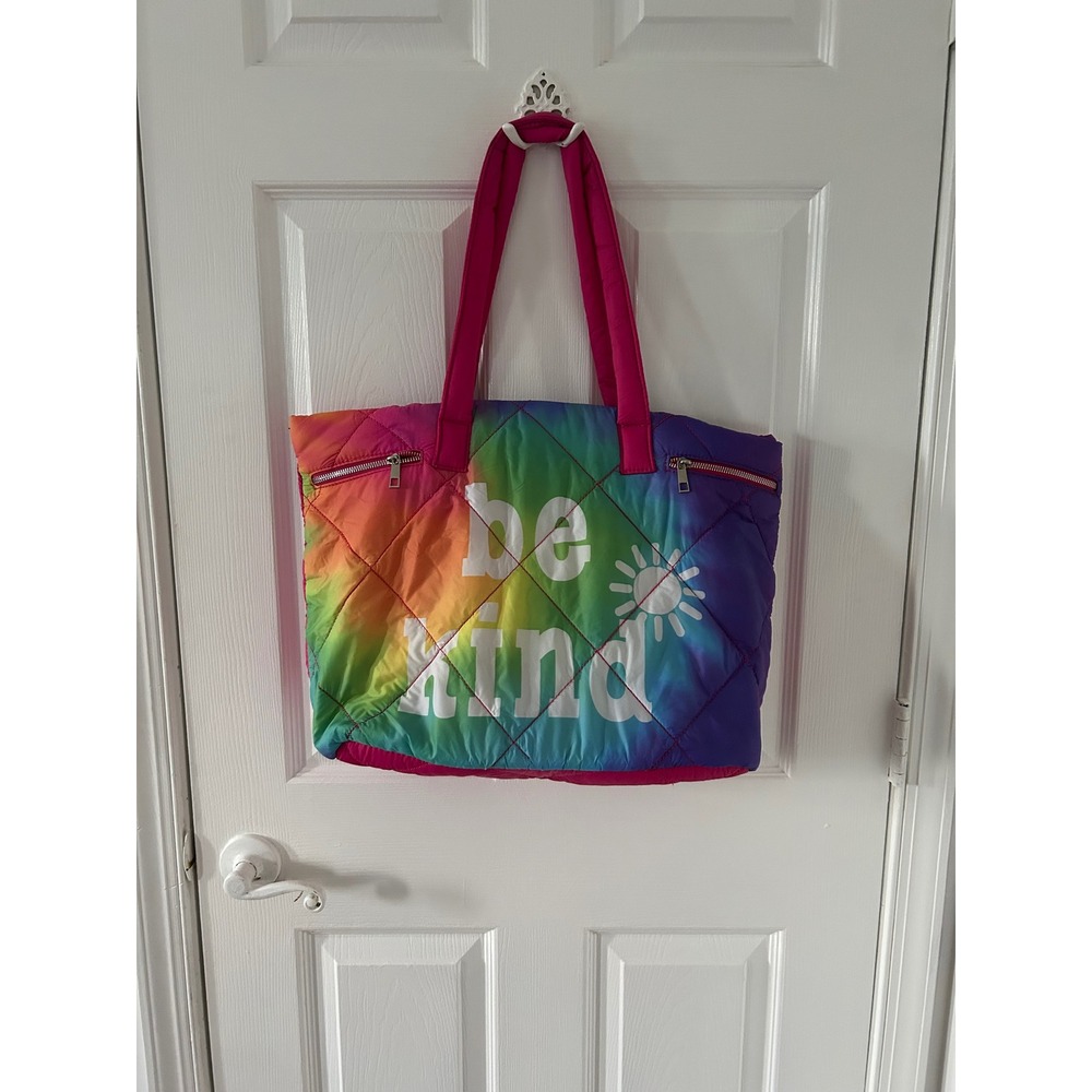 Be Kind Rainbow Tie Dye Quilted Puffer Tote Bag Pink Large Shoulder Bag Zipper